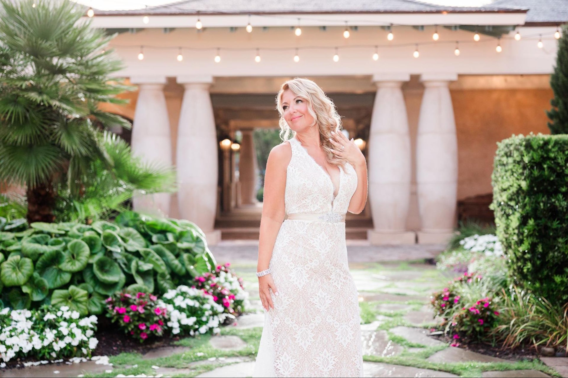 Courtyard ceremony setup with mahogany garden chairs at 21 Main Events, one of the premier Myrtle Beach wedding venues