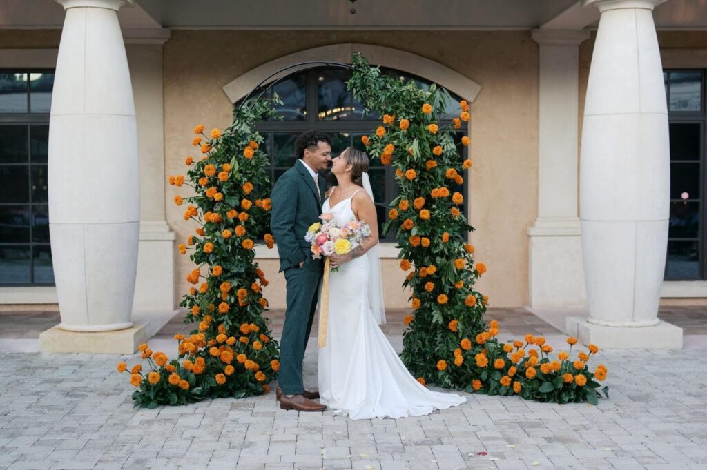 Outdoor wedding ceremony at 21 Main Events in North Myrtle Beach, SC with coastal views and courtyard seating