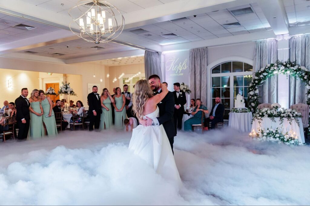 Bride and groom celebrating their wedding reception in the elegant ballroom at 21 Main Events in North Myrtle Beach.